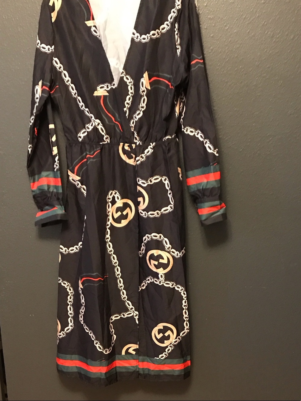 CBR Black Long-Sleeve Chain Print Wrap-Style Dress with Red & Green Accents